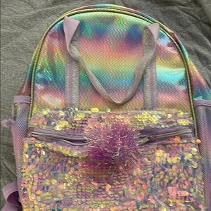 Purple Holographic Backpack with Pom-Pom
